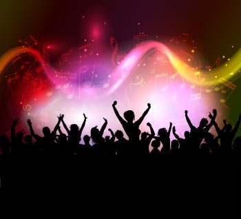 Silhouette of an excited audience on a colourful music notes background